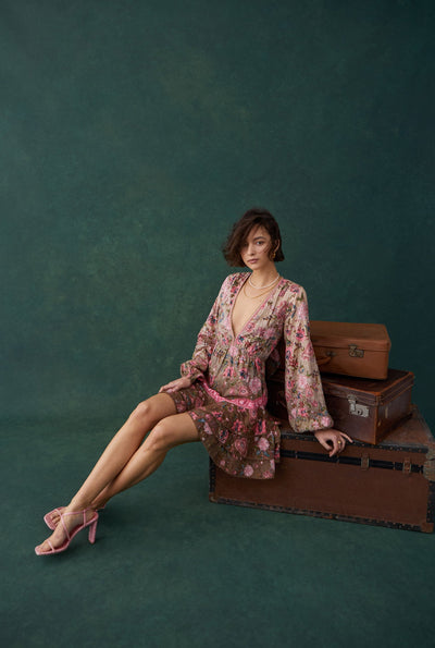 Fara Plunged Short Dress Hemant and Nandita. Floral partywear dresses for women