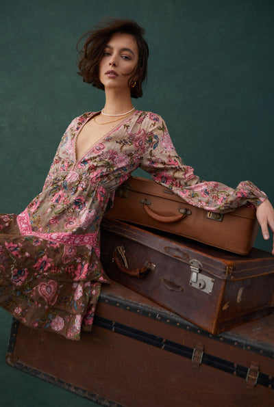 Fara Plunged Short Dress Hemant and Nandita. Floral partywear dresses for women